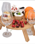 RJ Legend Portable Wooden Round Picnic Table with Wine Glass Holders, 12.6" x 16"