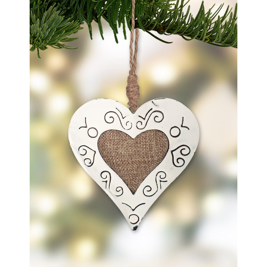 RJ Legend Vintage Burlap Heart Ornaments, Small Holiday Decoration, Metal Christmas Decorations, Hanging Winter Decorations