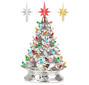 RJ Legend Ceramic Tree, Cordless Multiple Color LED Bulbs , Handcrafted & Hand Painted - 15" Silver Color