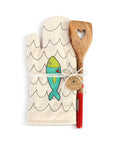 RJ Legend Fish-Wave Pattern Pure Thick Cotton Oven Mitt, Heat Resistant Padded Oven Glove, and 12-Inch Round Handle Non-Stick Cookware Wood Spatula Set