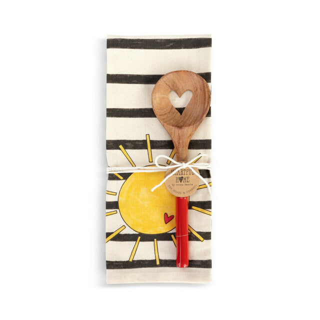 RJ Legend Sun-Stripes 11 Inch Kitchen Cotton Dish Towel, Absorbent Drying Cloth, and Natural Wooden, Non-Stick Kitchen Cooking Utensil Heart Spoon Set