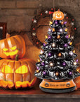 RJ Legend Ceramic Tree, 15" Handcraft Cordless with Pumpkin Head, LED Light Bulbs, - Black