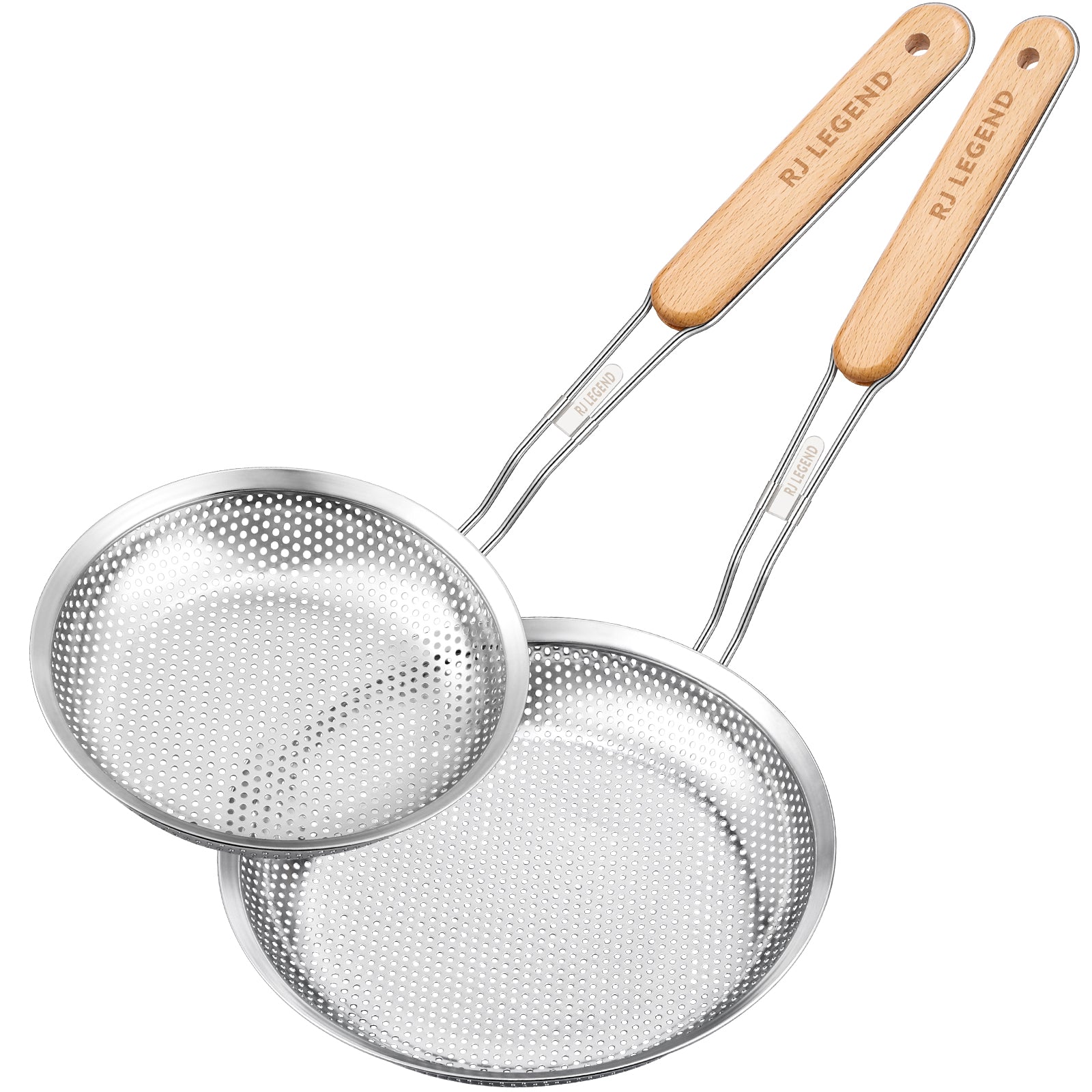 RJ Legend Stainless Steel Micro-Perforated Skimmer Strainer, Pasta Noodle Net Basket with Wooden Handle, 2 Pieces Kitchen Utensil Set - 6.4-inch and 8