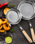 RJ Legend Stainless Steel With Wooden Handle Kitchen Utensil , 2 Pcs Set - Skimmer Strainer - Pasta Basket