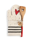 RJ Legend Red Heart Stripe Pattern Pure Thick Cotton Oven Mitt, Heat Resistant Padded Oven Glove, and 12-Inch Round Handle Non-Stick Cookware Wood Spatula Set