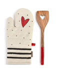 RJ Legend Red Heart Stripe Pattern Pure Thick Cotton Oven Mitt, Heat Resistant Padded Oven Glove, and 12-Inch Round Handle Non-Stick Cookware Wood Spatula Set