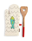 RJ Legend Fish-Wave Pattern Pure Thick Cotton Oven Mitt, Heat Resistant Padded Oven Glove, and 12-Inch Round Handle Non-Stick Cookware Wood Spatula Set