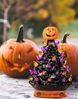 RJ Legend Ceramic Tree, 9" Handcraft Cordless with Pumpkin Head, LED Light Bulbs, - Black