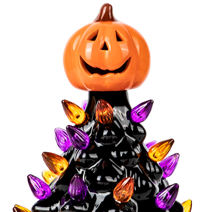 RJ Legend Ceramic Tree, 9" Handcraft Cordless with Pumpkin Head, LED Light Bulbs, - Black