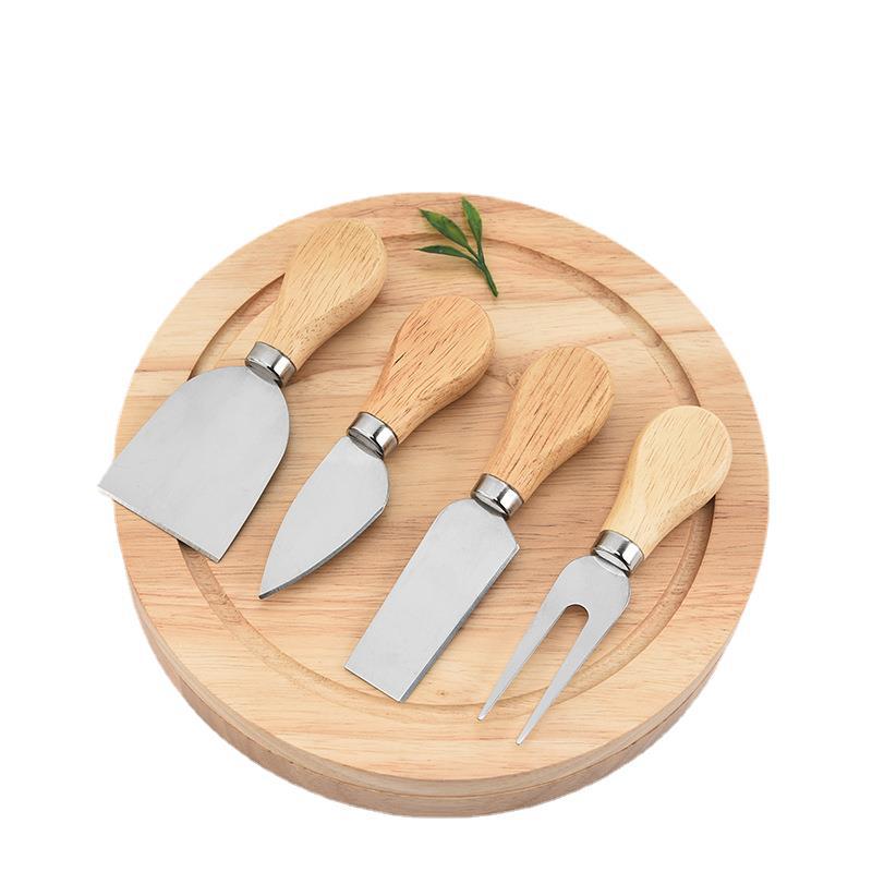 RJ Legend Round Wooden Cheese Board and Knife Set, 5-Piece