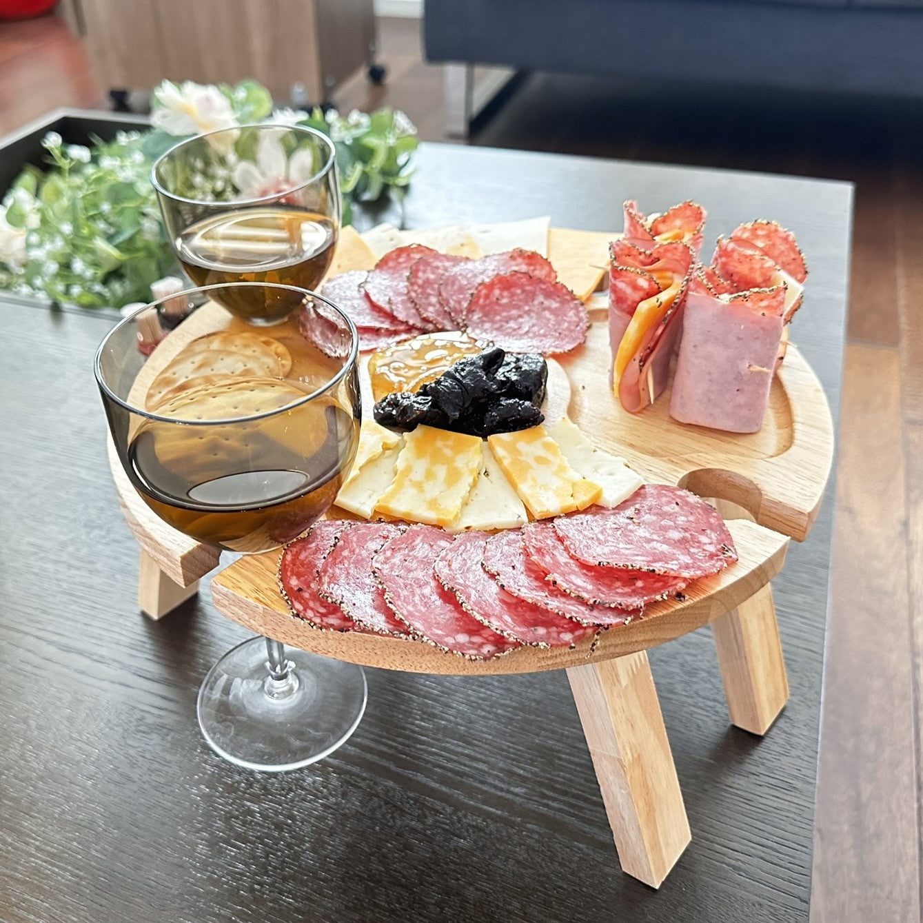 RJ Legend Portable Wooden Round Picnic Table with Wine Glass Holders, 12.6" x 16"