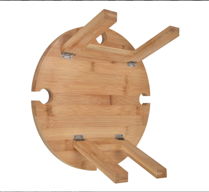 RJ Legend Portable Wooden Round Picnic Table with Wine Glass Holders, 12.6" x 16"