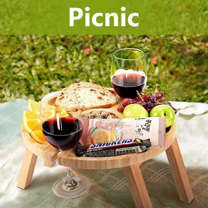 RJ Legend Portable Wooden Round Picnic Table with Wine Glass Holders, 12.6" x 16"