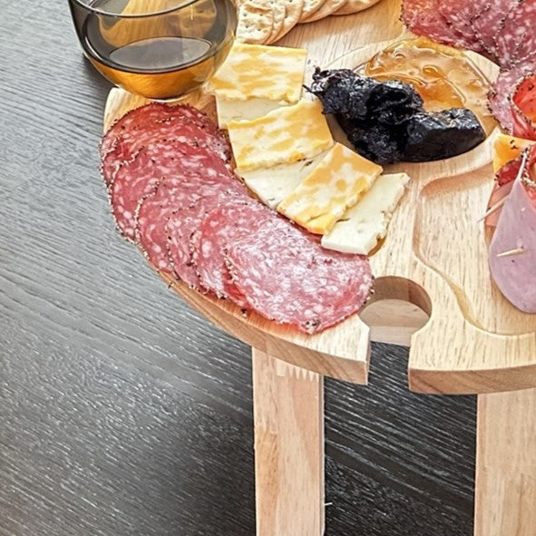 RJ Legend Portable Wooden Round Picnic Table with Wine Glass Holders, 12.6" x 16"