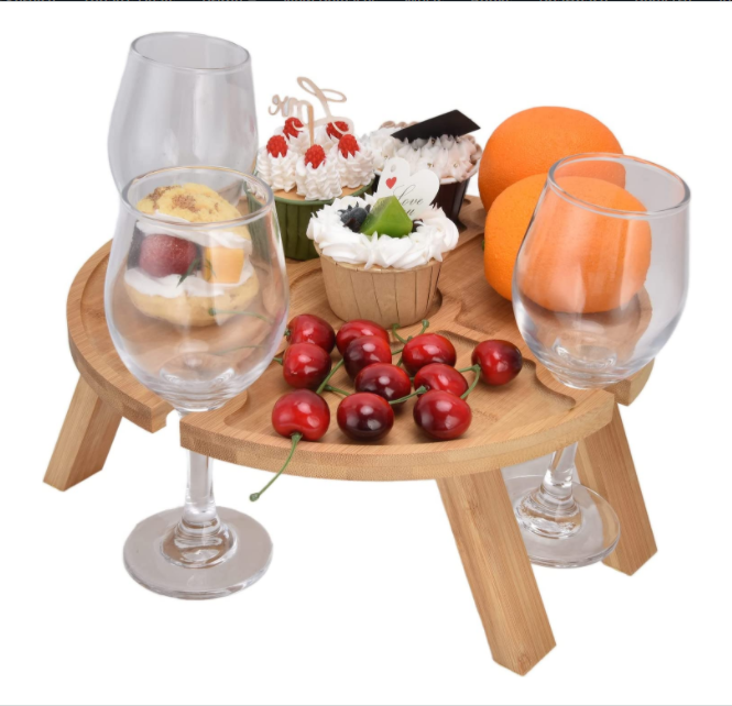 RJ Legend Portable Wooden Round Picnic Table with Wine Glass Holders, 12.6" x 16"