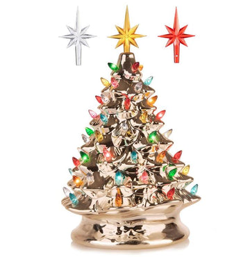 RJ Legend Ceramic Tree, Cordless Multiple Color LED Bulbs , Handcrafted - 15" Light Champagne Silver Color