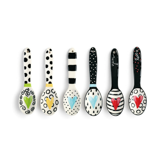 RJ Legend 5.5 Inch Ceramic, Handcrafted Stoneware Polka Dot-Stripes Heart Art, Round Small Soup Spoons, Serving Spoons Tableware Set of 6, Assorted Colors