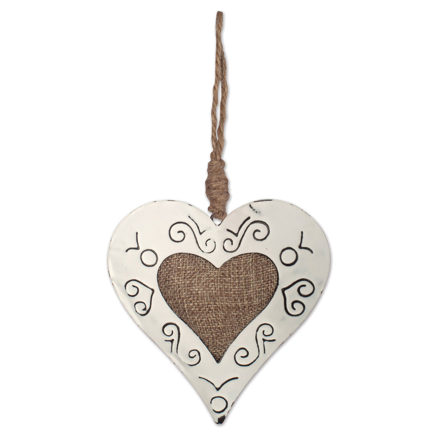 RJ Legend Vintage Burlap Heart Ornaments, Small Holiday Decoration, Metal Christmas Decorations, Hanging Winter Decorations