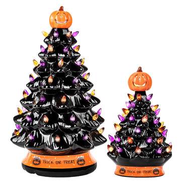 RJ Legend Halloween Ceramic Tree 2PC Set 15" & 9" with LED Lights