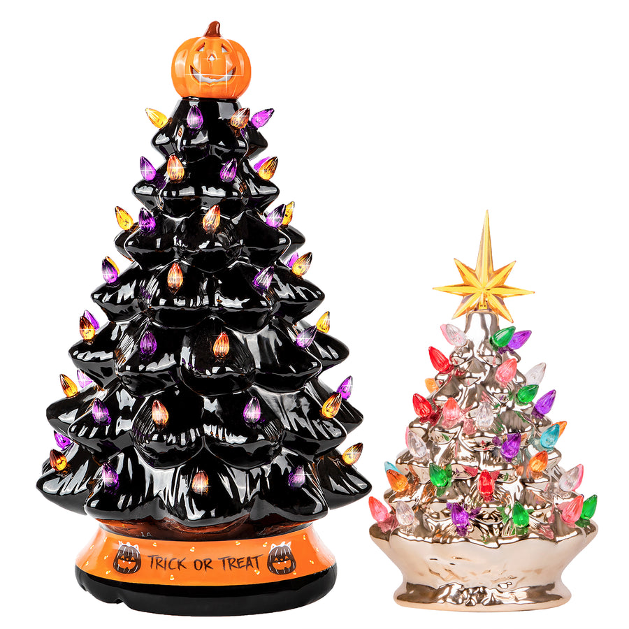 RJ Legend Handcrafted Ceramic Trees, Cordless with LEDs, Set of 2