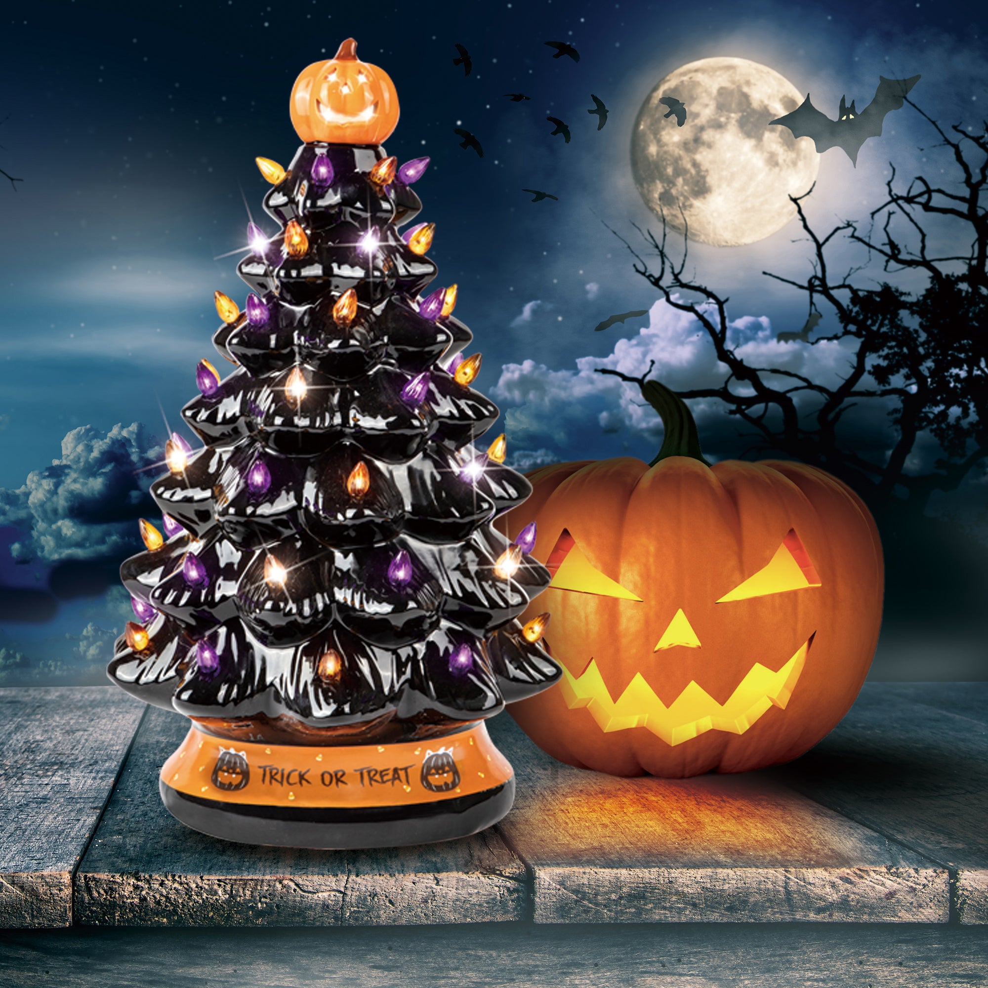 RJ Legend Ceramic Tree, 15" Handcraft Cordless with Pumpkin Head, LED Light Bulbs, - Black