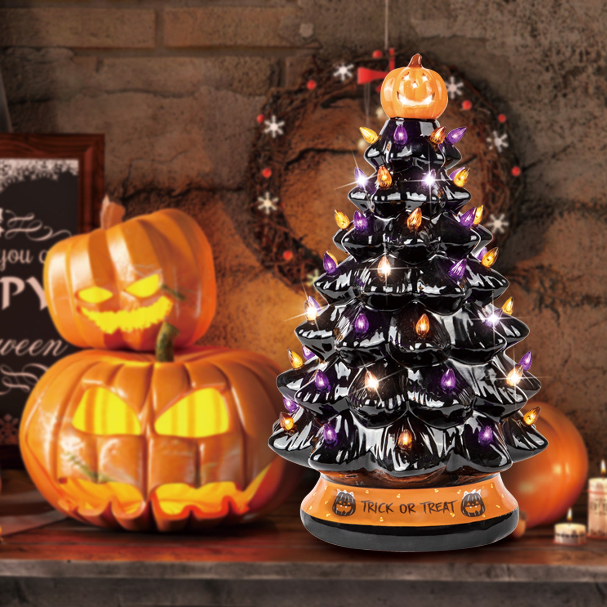 RJ Legend Ceramic Tree, 15" Handcraft Cordless with Pumpkin Head, LED Light Bulbs, - Black