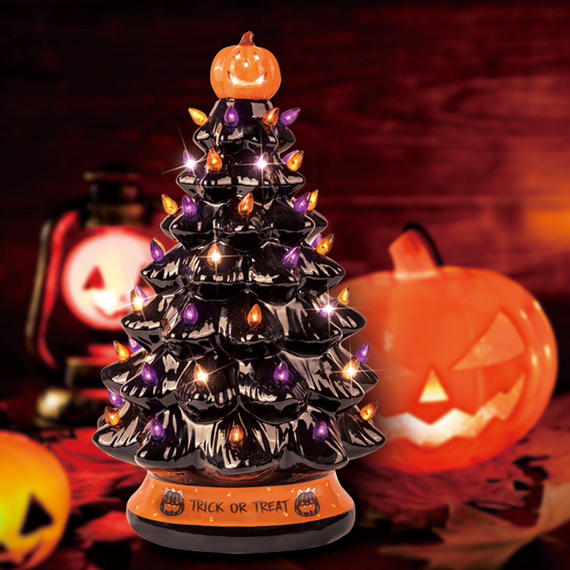 RJ Legend Ceramic Tree, 15" Handcraft Cordless with Pumpkin Head, LED Light Bulbs, - Black