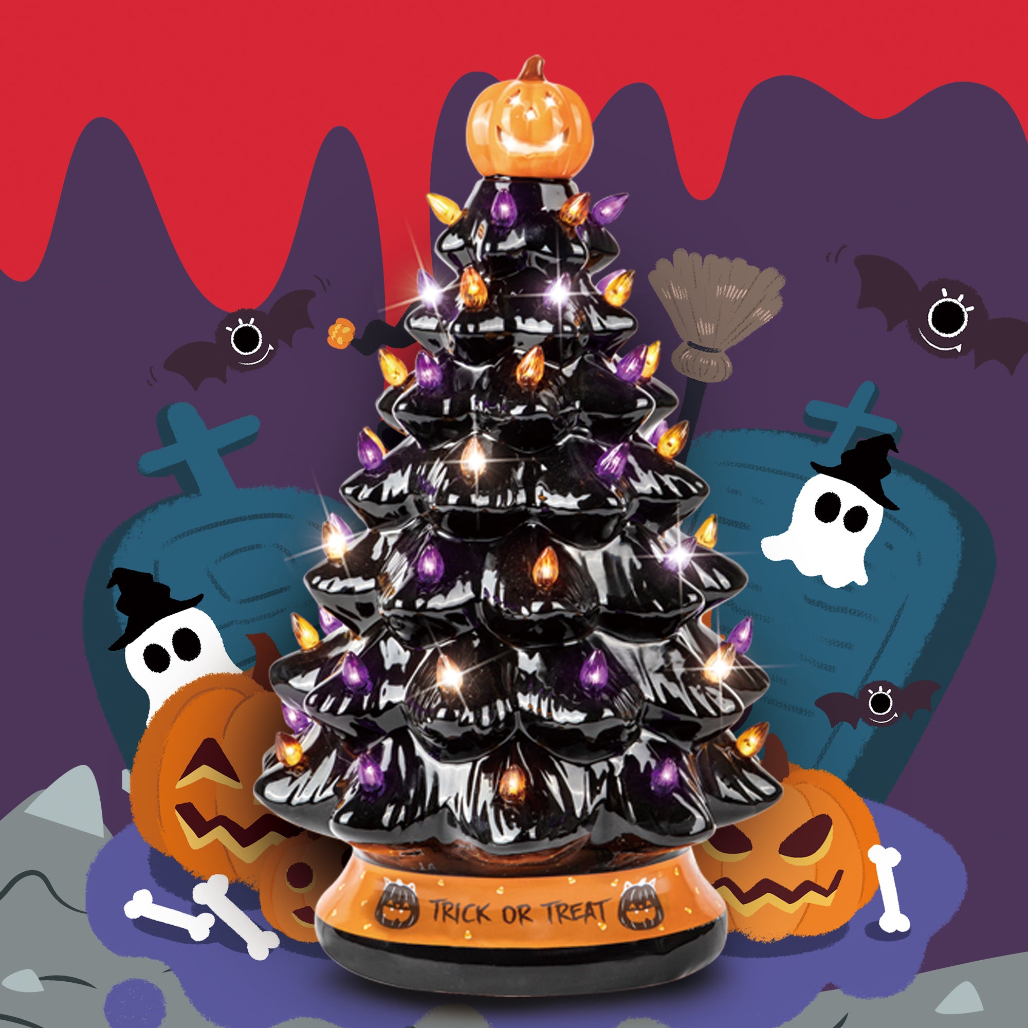 RJ Legend Ceramic Tree, 15" Handcraft Cordless with Pumpkin Head, LED Light Bulbs, - Black