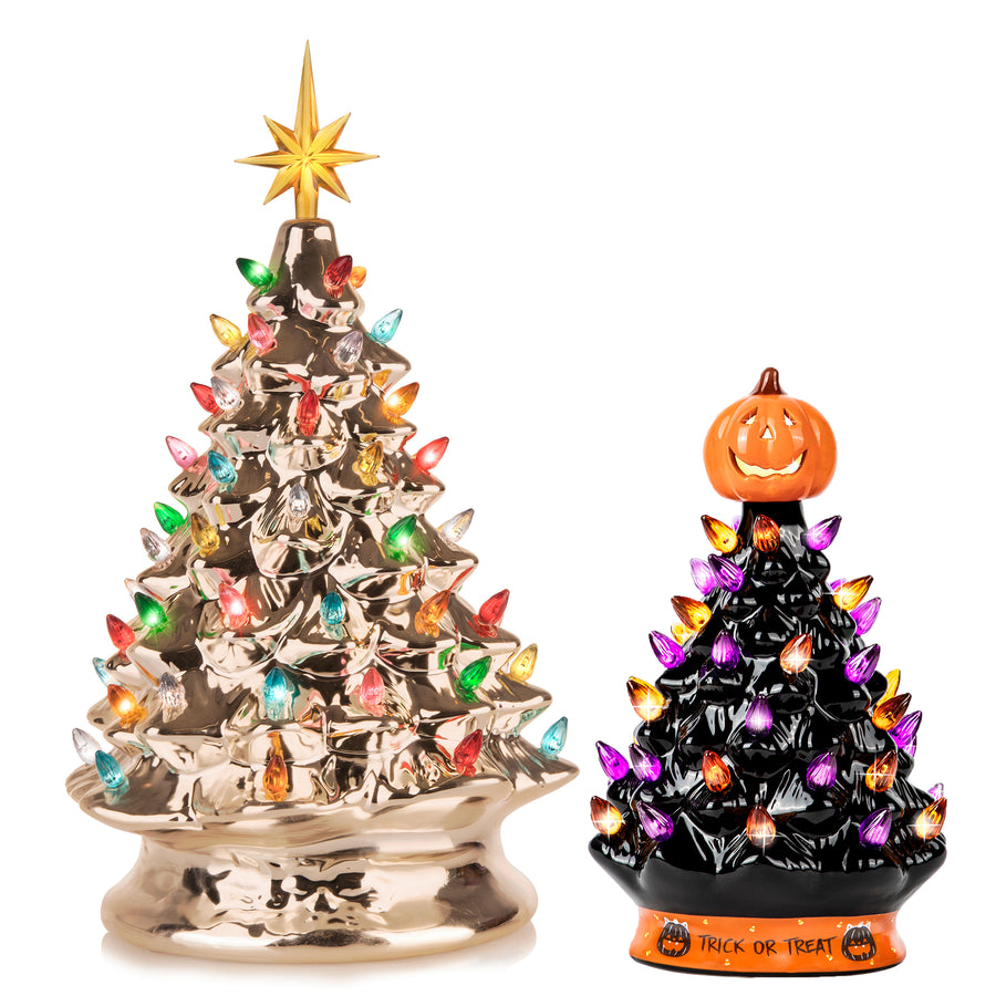 RJ Legend Ceramic Tree, Cordless with Multicolor LEDs, 2pcs Set - 15" & 9"