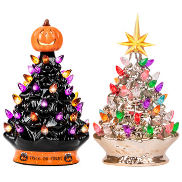 RJ Legend Handcrafted Ceramic Trees, Cordless with LEDs, Set of 2