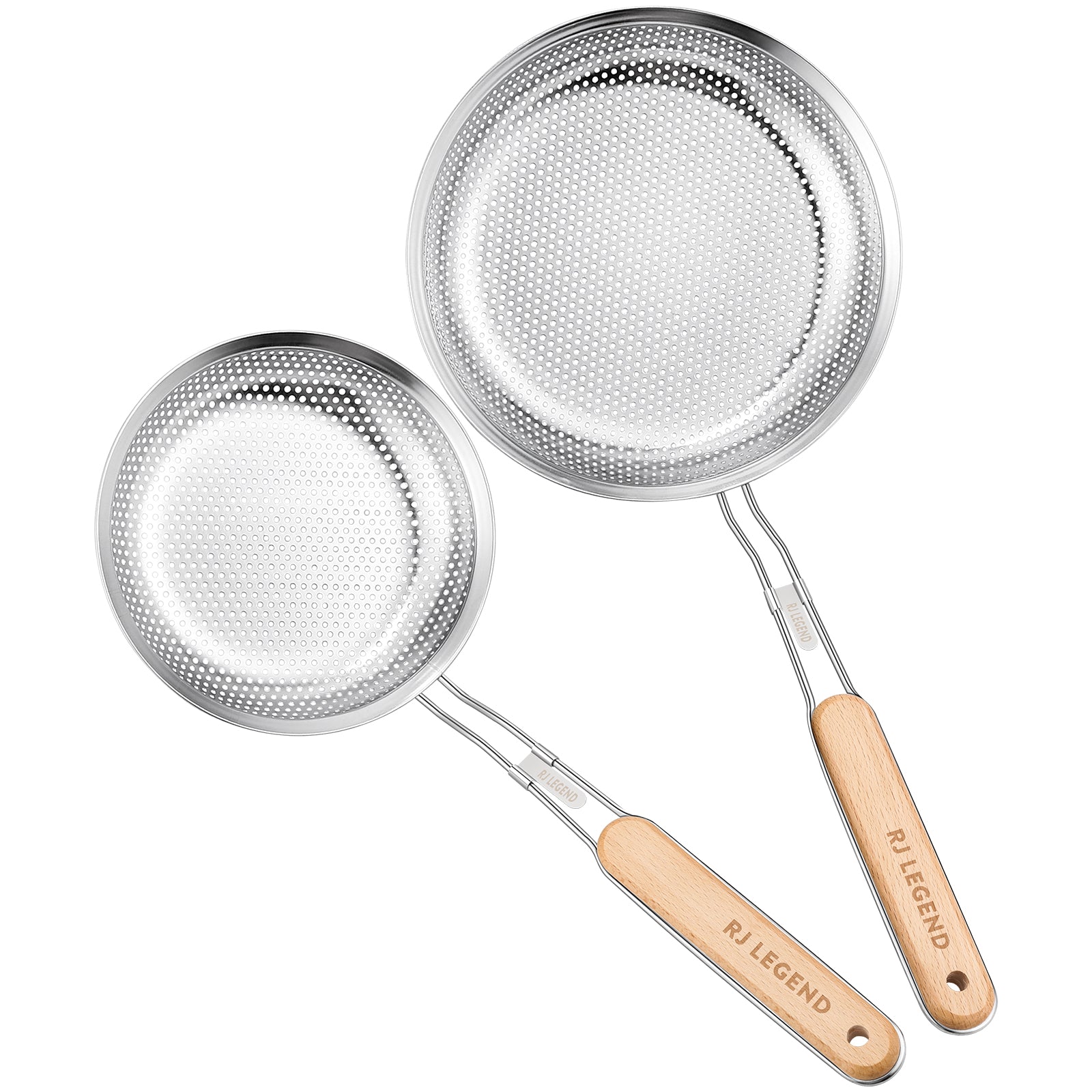 RJ Legend Stainless Steel With Wooden Handle Kitchen Utensil , 2 Pcs Set - Skimmer Strainer - Pasta Basket