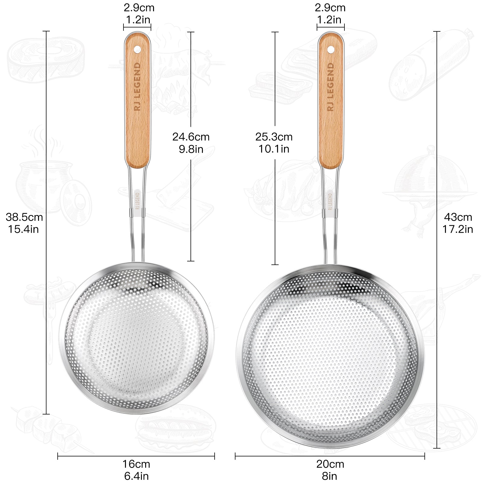 RJ Legend Stainless Steel With Wooden Handle Kitchen Utensil , 2 Pcs Set - Skimmer Strainer - Pasta Basket