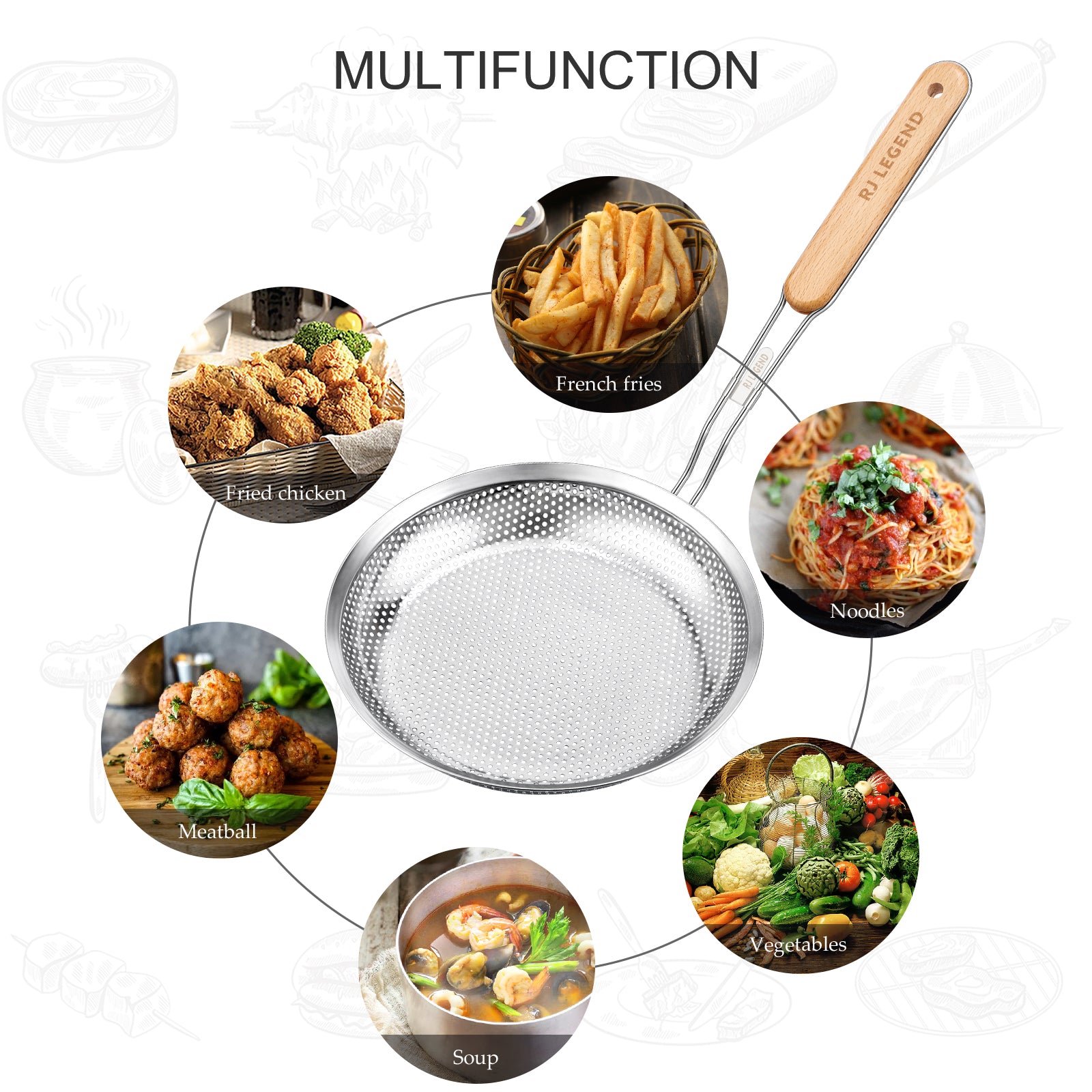 RJ Legend Stainless Steel With Wooden Handle Kitchen Utensil , 2 Pcs Set - Skimmer Strainer - Pasta Basket