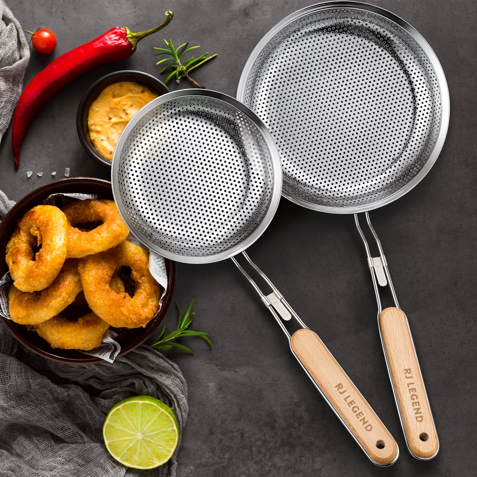 RJ Legend Stainless Steel With Wooden Handle Kitchen Utensil , 2 Pcs Set - Skimmer Strainer - Pasta Basket