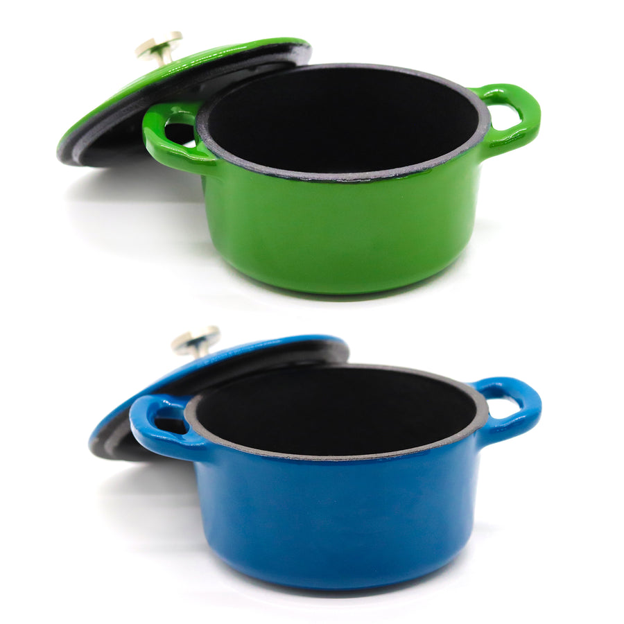 RJ Legend 8.5 Ounce Cast Iron Pot, Enameled Cast Iron Mini Pot, Round Mini Cocotte, 5.5-Inch Cast Iron Pot with Lid, 3-Piece Cast Iron Set - Green 