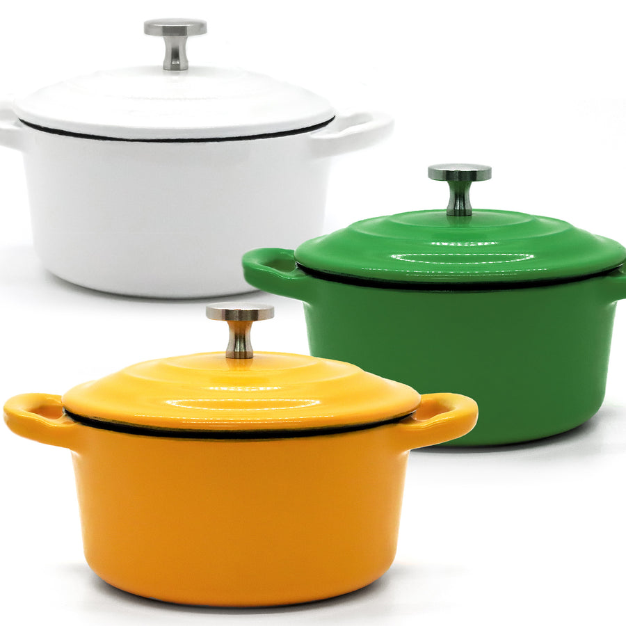 RJ Legend 8.5 Ounce Cast Iron Pot, Enameled Cast Iron Mini Pot, Round Mini Cocotte, 5.5-Inch Cast Iron Pot with Lid, 3-Piece Cast Iron Set - Green 