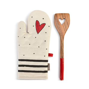 RJ Legend Red Heart Stripe Pattern Pure Thick Cotton Oven Mitt, Heat Resistant Padded Oven Glove, and 12-Inch Round Handle Non-Stick Cookware Wood Spatula Set