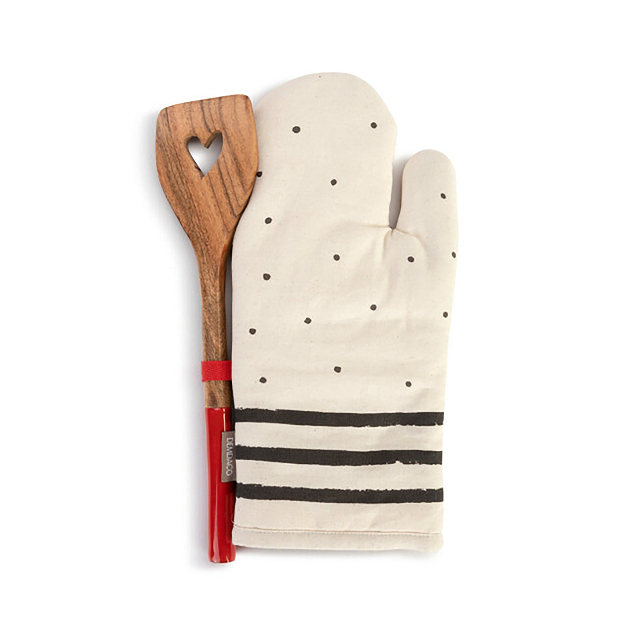 RJ Legend Red Heart Stripe Pattern Pure Thick Cotton Oven Mitt, Heat Resistant Padded Oven Glove, and 12-Inch Round Handle Non-Stick Cookware Wood Spatula Set