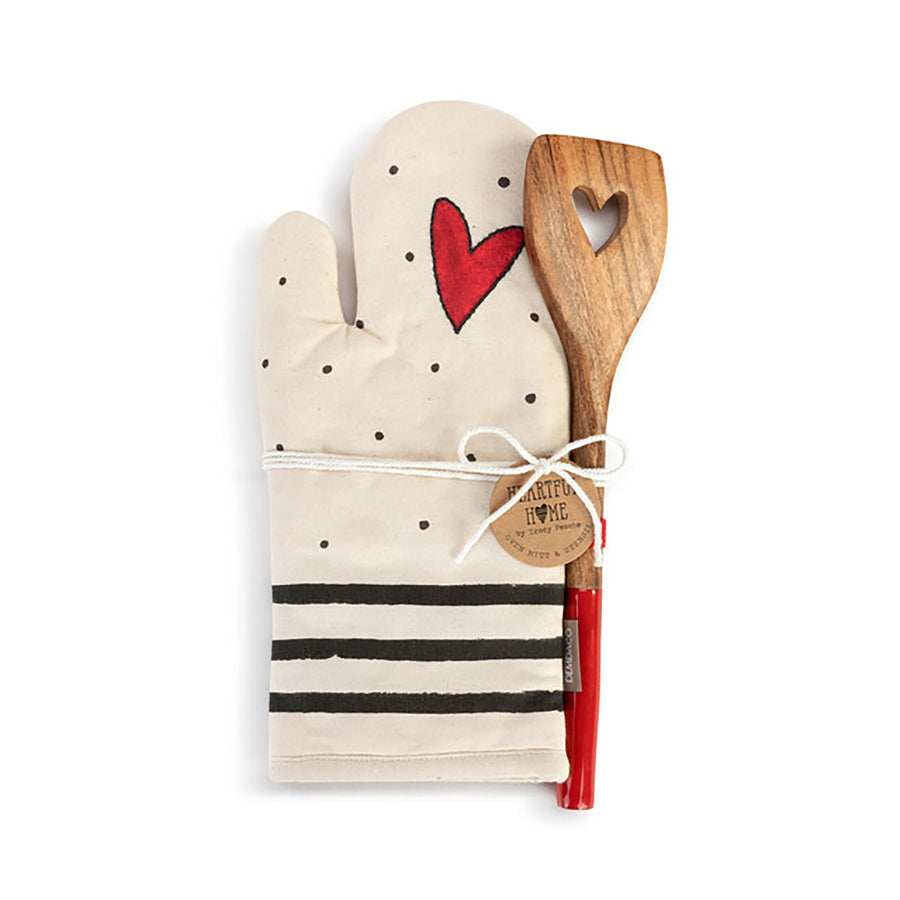 RJ Legend Red Heart Stripe Pattern Pure Thick Cotton Oven Mitt, Heat Resistant Padded Oven Glove, and 12-Inch Round Handle Non-Stick Cookware Wood Spatula Set