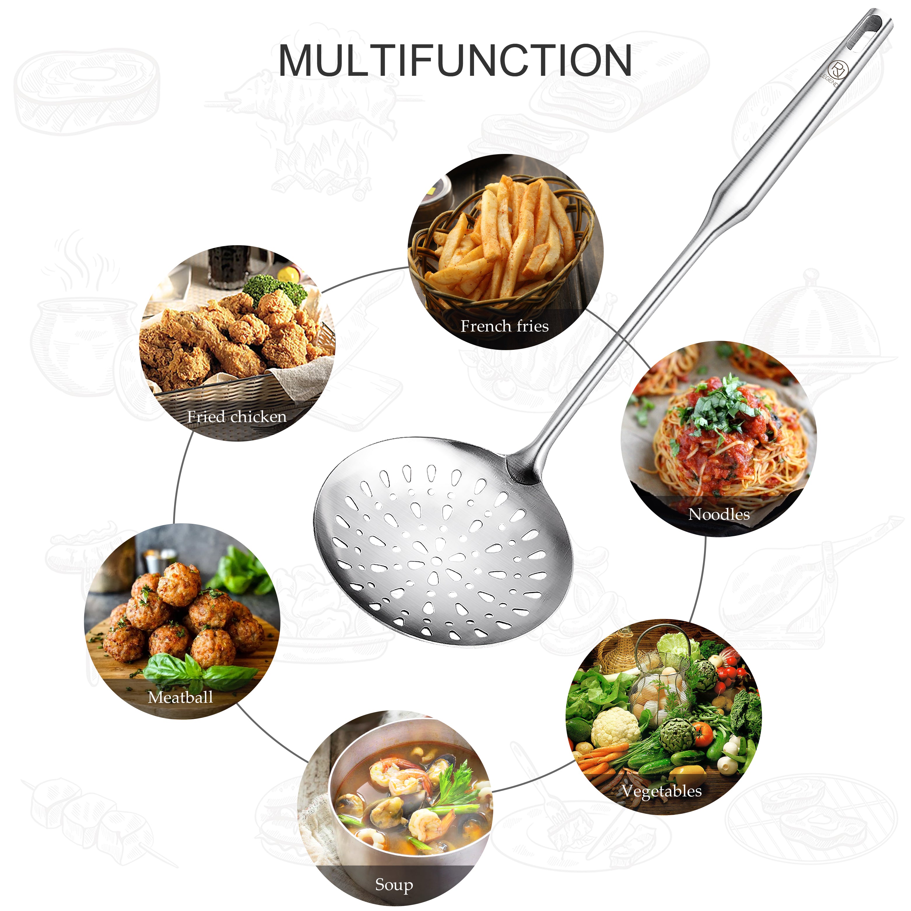 RJ Legend 304 Stainless Steel Slotted Spoon, Oil Skimmer, Wok Skimmer Ladle