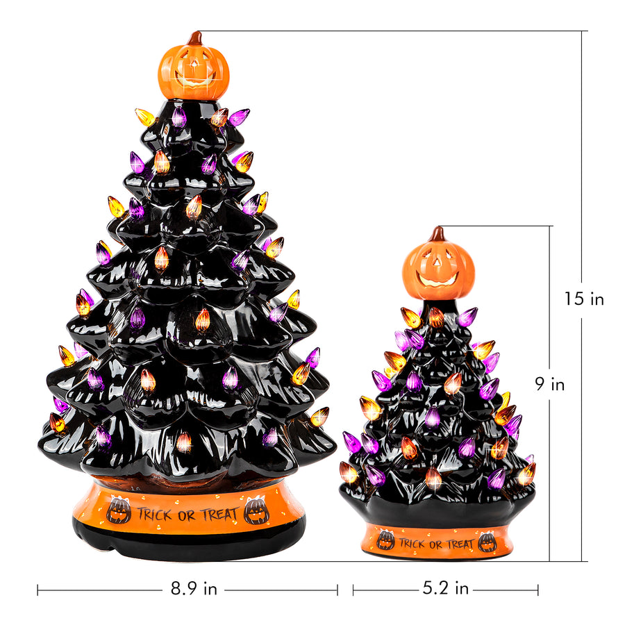 RJ Legend Ceramic Tree, 15" Handcraft Cordless with Pumpkin Head, LED Light Bulbs, - Black