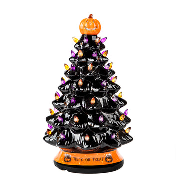 RJ Legend Ceramic Tree, 15" Handcraft Cordless with Pumpkin Head, LED Light Bulbs, - Black