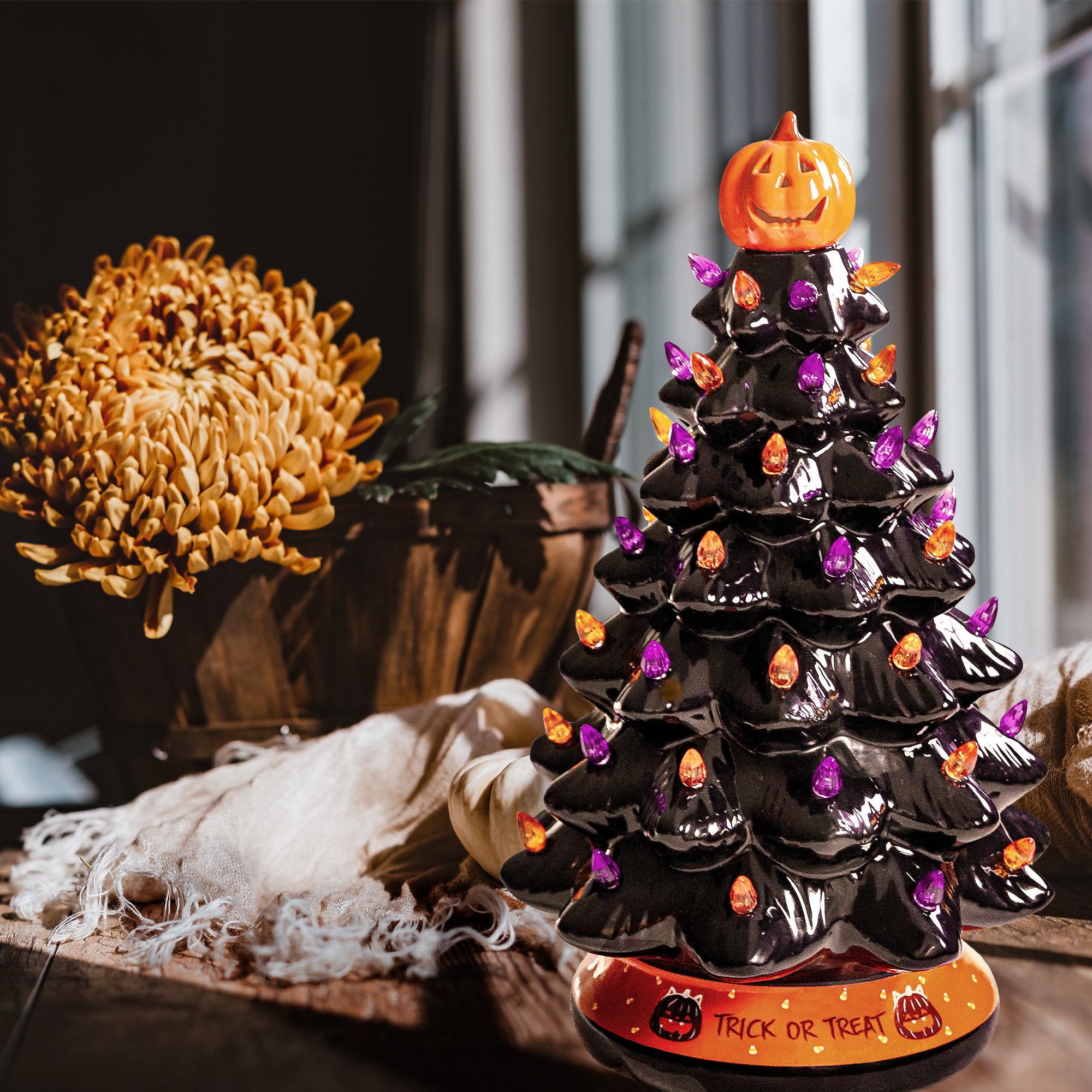 RJ Legend Ceramic Tree, 15" Handcraft Cordless with Pumpkin Head, LED Light Bulbs, - Black