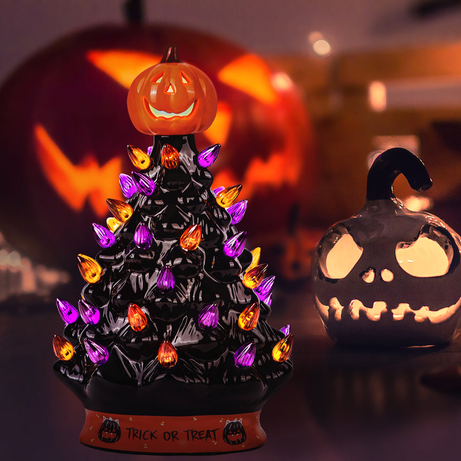 RJ Legend Ceramic Tree, 9" Handcraft Cordless with Pumpkin Head, LED Light Bulbs, - Black