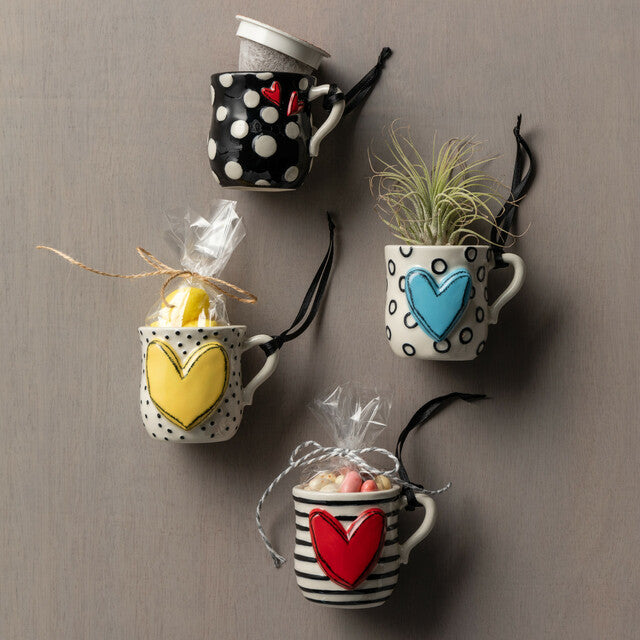 RJ Legend 3 Ounce Ceramic, Handcrafted Stoneware Polka Dot Stripes Molded Hearts Mugs, Art Pod Mugs, Coffee Cup, Coffee Ornament Mugs Set of 4, Assorted Colors