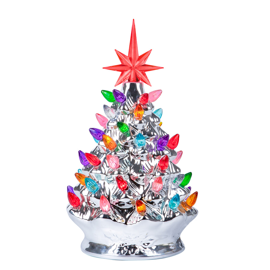 RJ Legend Handcrafted Ceramic Tree, Cordless with LED Bulbs - 9" Silver