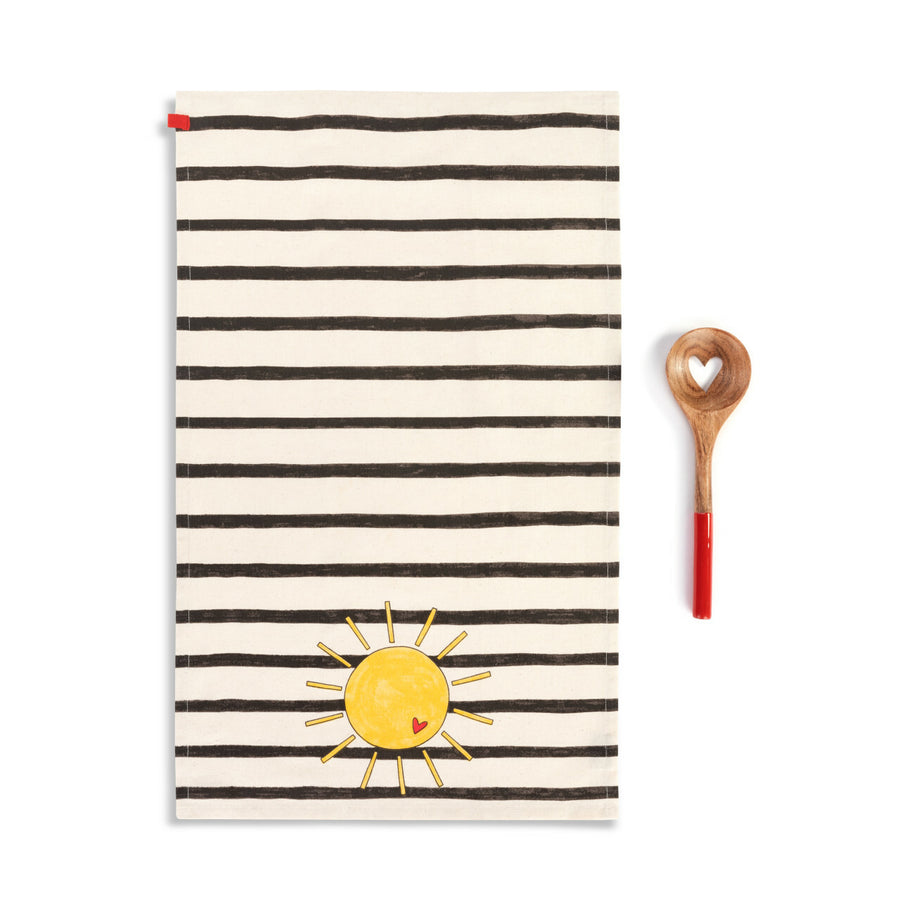 RJ Legend Sun-Stripes 11 Inch Kitchen Cotton Dish Towel, Absorbent Drying Cloth, and Natural Wooden, Non-Stick Kitchen Cooking Utensil Heart Spoon Set