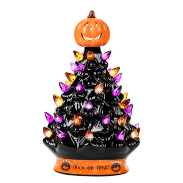 RJ Legend Ceramic Tree, 9" Hand crafth Pumpkin Head, LED Light Bulbs - Black Cordless wit