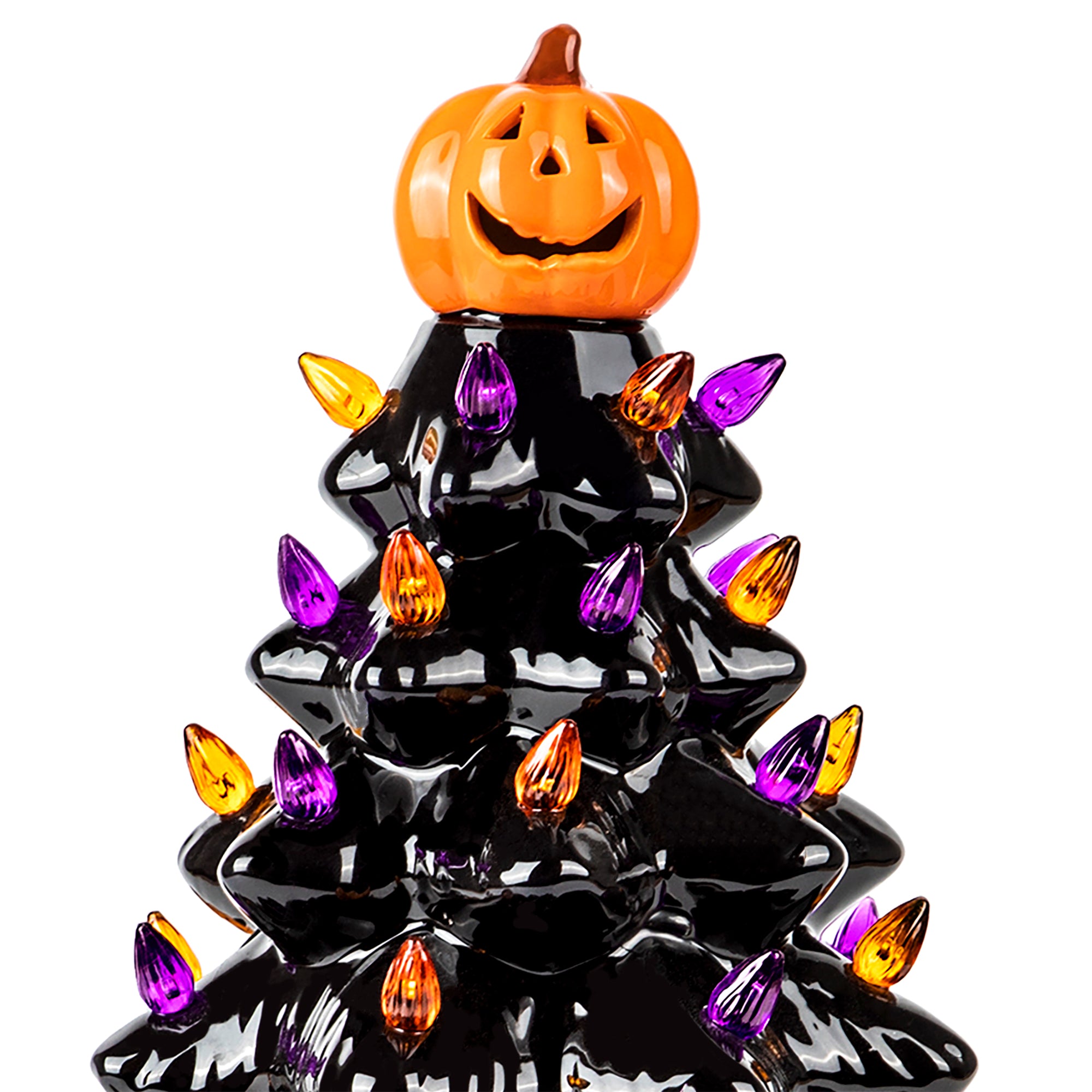 RJ Legend Ceramic Tree, 15" Handcraft Cordless with Pumpkin Head, LED Light Bulbs, - Black