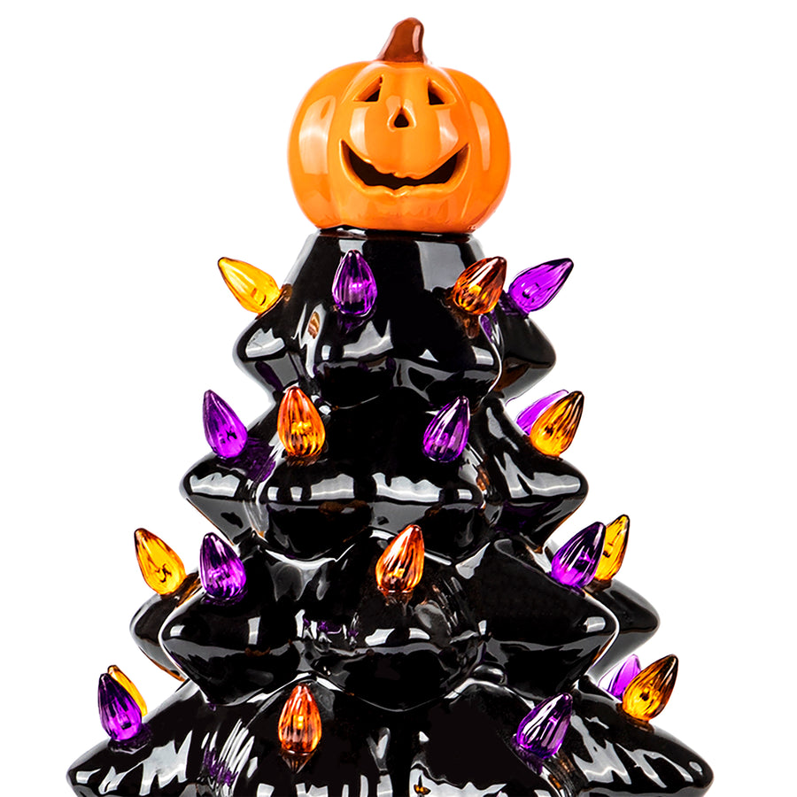 RJ Legend Ceramic Tree, 15" Handcraft Cordless with Pumpkin Head, LED Light Bulbs, - Black